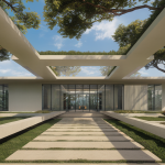 Architecture contemporaine fusionnée avec la nature dans un design durable.