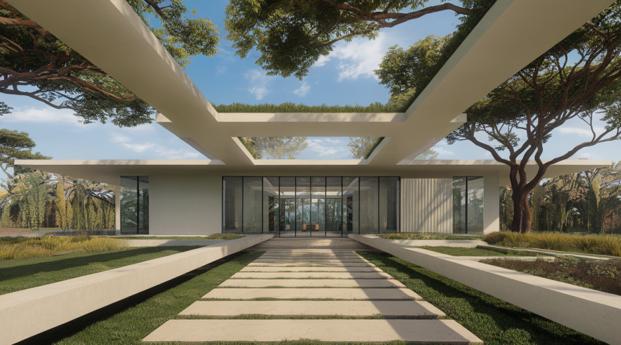 Architecture contemporaine fusionnée avec la nature dans un design durable.