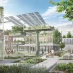 Visualisation artistique de bâtiments modernes intégrant écologie et durabilité