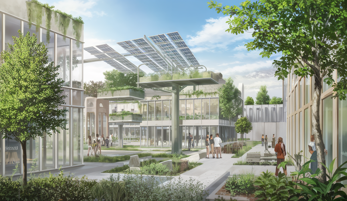 Visualisation artistique de bâtiments modernes intégrant écologie et durabilité