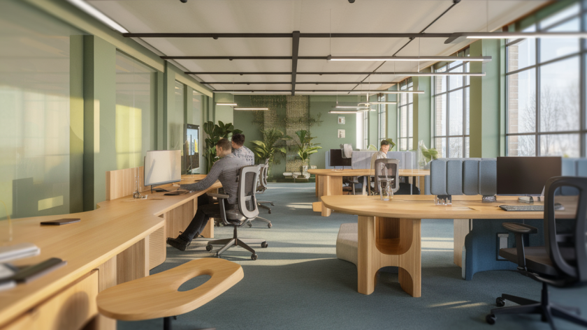 Illustration d'un espace de travail innovant favorisant l'ergonomie et la flexibilité