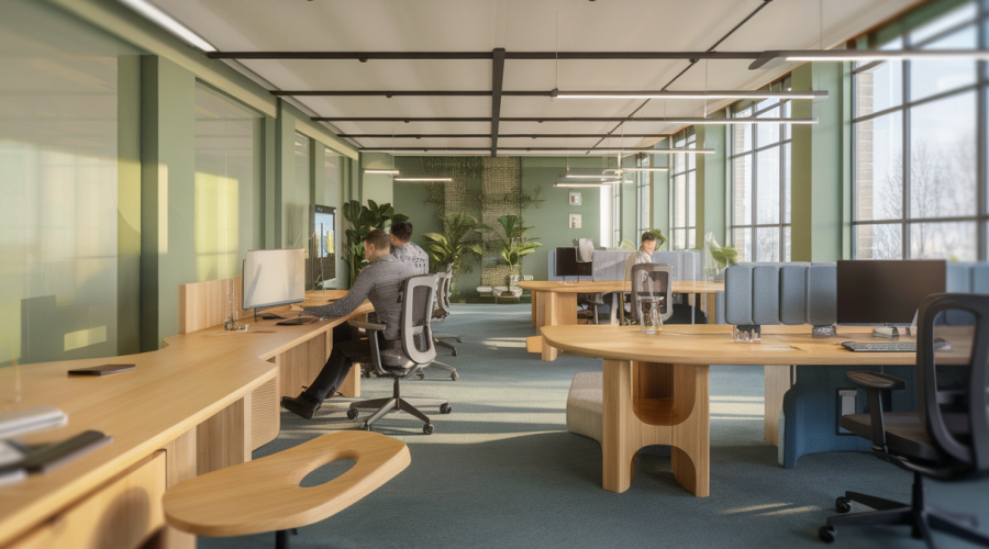 Illustration d'un espace de travail innovant favorisant l'ergonomie et la flexibilité