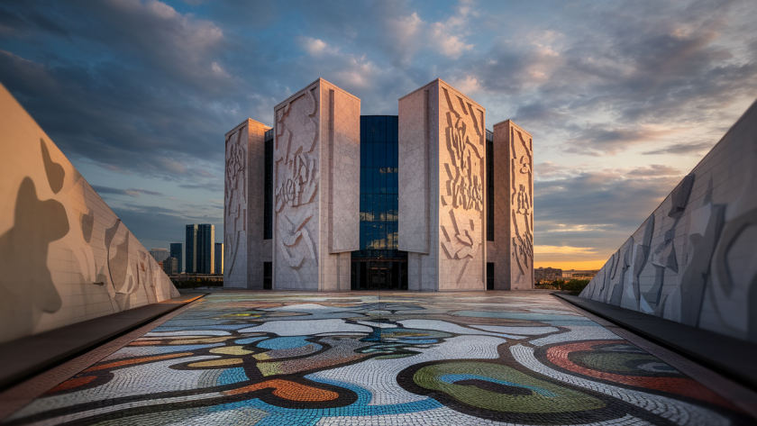 Une image illustrant l'interaction entre l'architecture et l'identité culturelle à travers des choix de design et de couleurs.