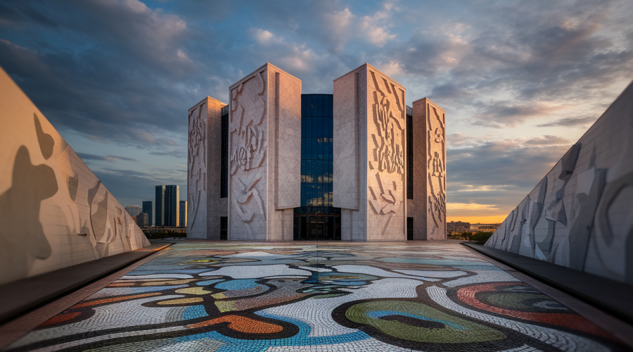 Une image illustrant l'interaction entre l'architecture et l'identité culturelle à travers des choix de design et de couleurs.