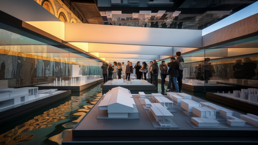 Scène captivante de l'exposition 'New Practices' mettant en lumière l'architecture contemporaine et la collaboration culturelle à Venise.