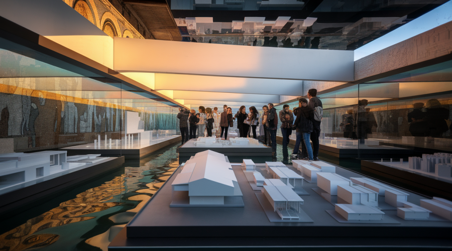 Scène captivante de l'exposition 'New Practices' mettant en lumière l'architecture contemporaine et la collaboration culturelle à Venise.