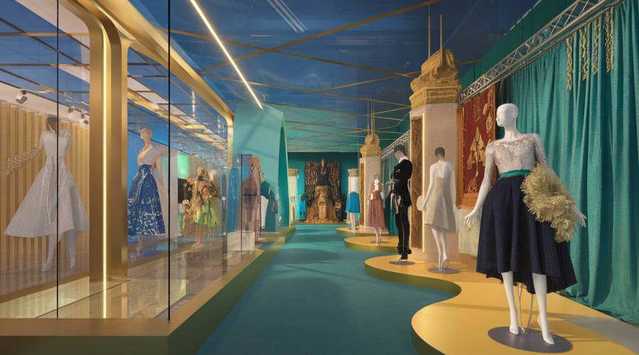 Illustration vibrante d'une exposition innovante fusionnant architecture, mode et culture