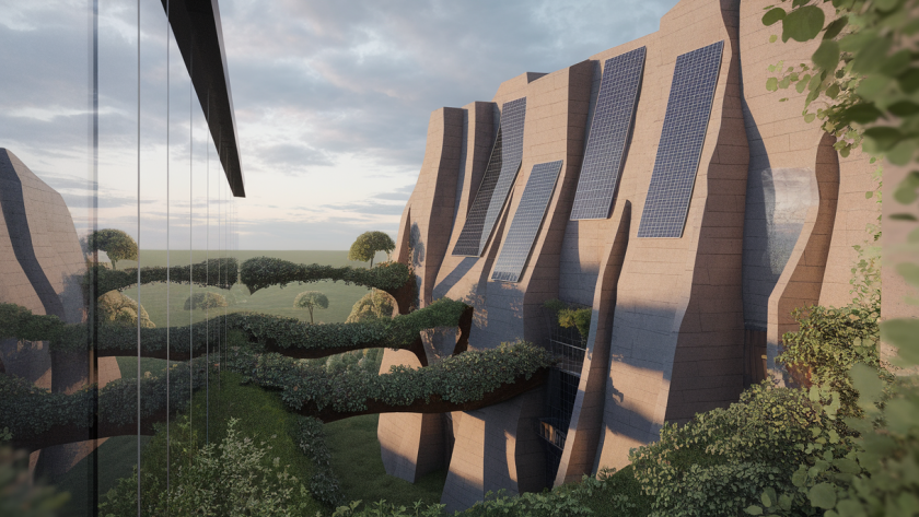 Image illustrant l'impact du changement climatique sur l'architecture avec des éléments naturels