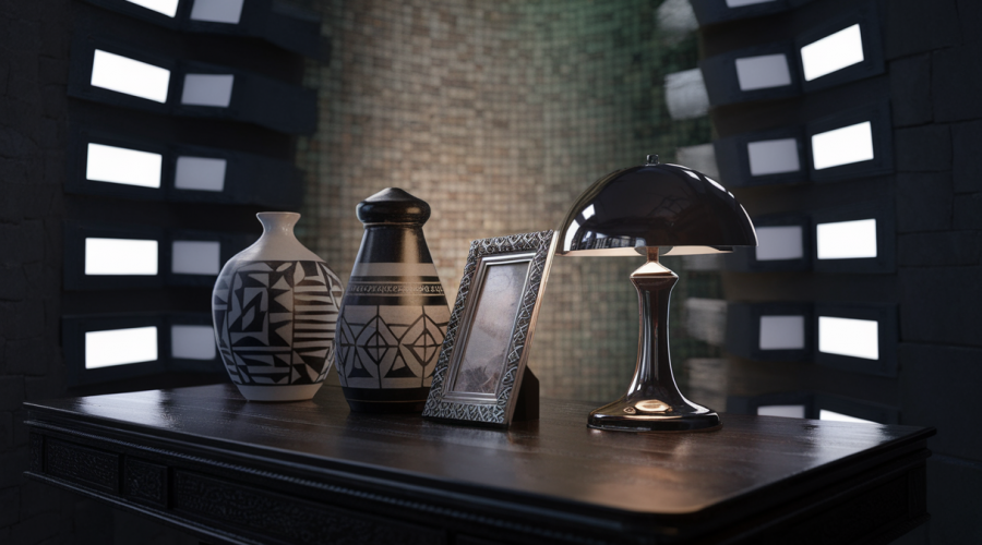 Illustration artistique d'objets de décoration uniques dénichés en ligne.