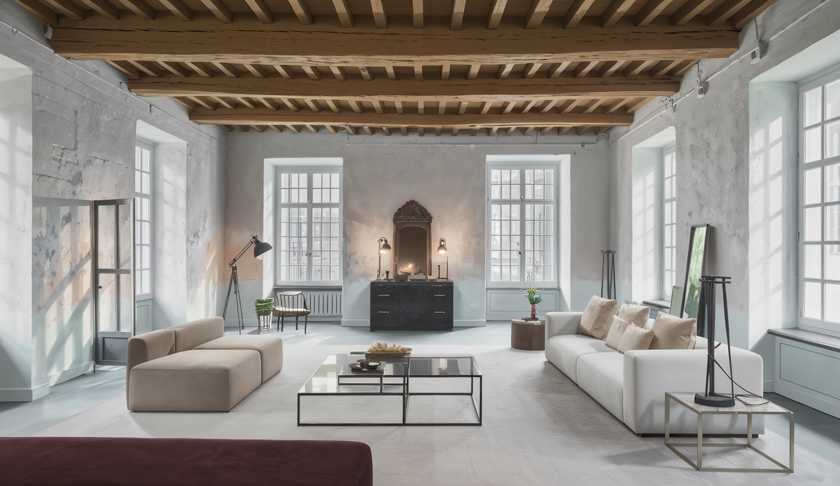 Intérieur rénové d'une maison ancienne mêlant élégance historique et confort moderne