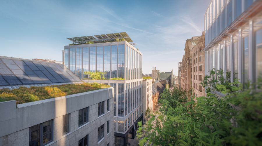 Vibrante skyline urbaine illustrant des projets durables