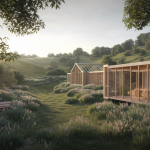 Vue aérienne de maisons modernes parfaitement intégrées dans un paysage naturel.