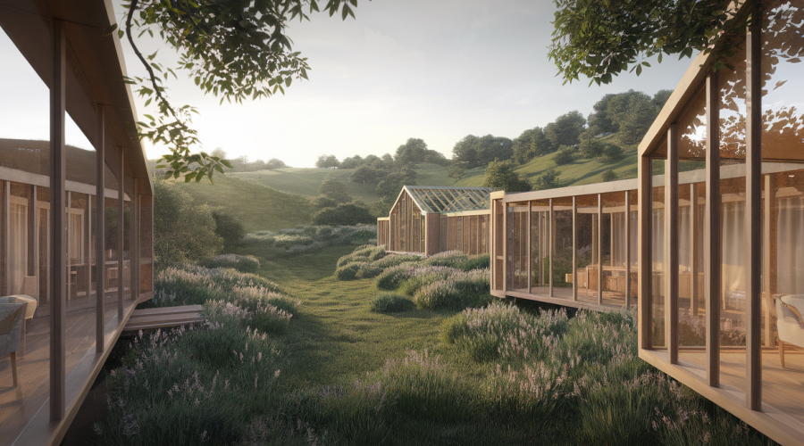 Vue aérienne de maisons modernes parfaitement intégrées dans un paysage naturel.