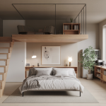 Aménagement intérieur minimaliste avec mezzanine et bureau dissimulé