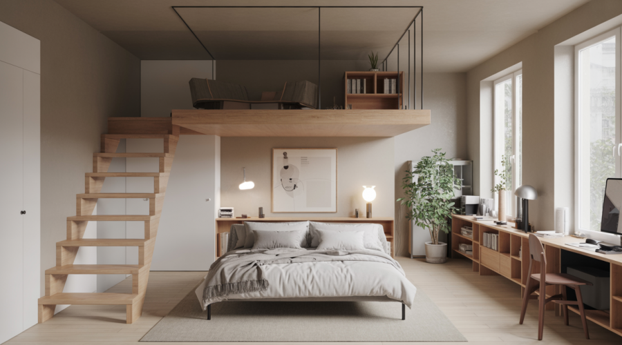 Aménagement intérieur minimaliste avec mezzanine et bureau dissimulé