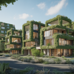 Vue futuriste d'une architecture modulable et intégrée à la nature.