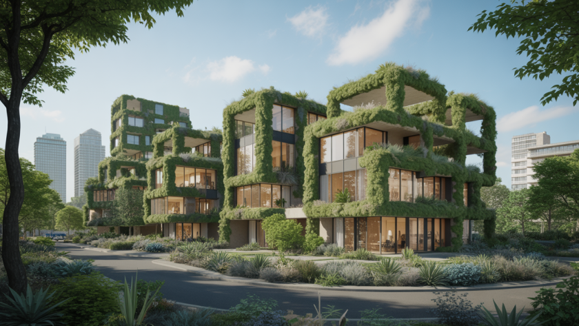 Vue futuriste d'une architecture modulable et intégrée à la nature.