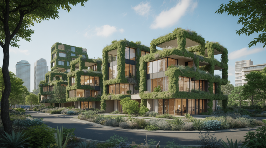 Vue futuriste d'une architecture modulable et intégrée à la nature.