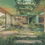 Image représentant l'architecture biophilique intégrant la nature dans des espaces de vie modernes de 2025.