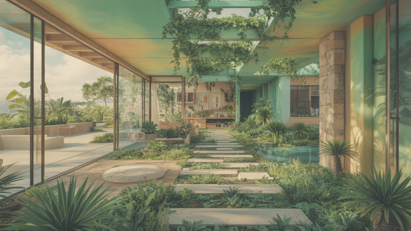 Image représentant l'architecture biophilique intégrant la nature dans des espaces de vie modernes de 2025.
