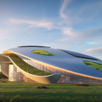 Illustration d'un bâtiment moderne éco-durable entouré de verdure, soulignant l'architecture verte.