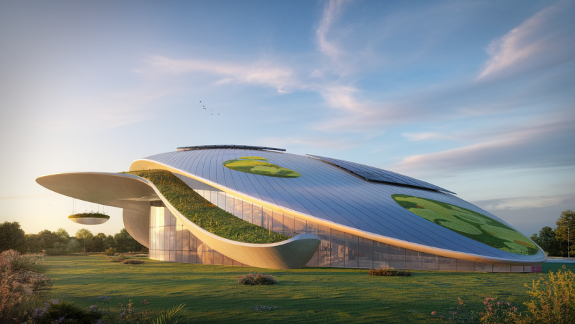 Illustration d'un bâtiment moderne éco-durable entouré de verdure, soulignant l'architecture verte.