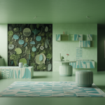 Image d'architecture durable avec matériaux recyclés et économie circulaire.