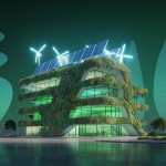 Illustration d'un bâtiment durable et écoénergétique en 2025