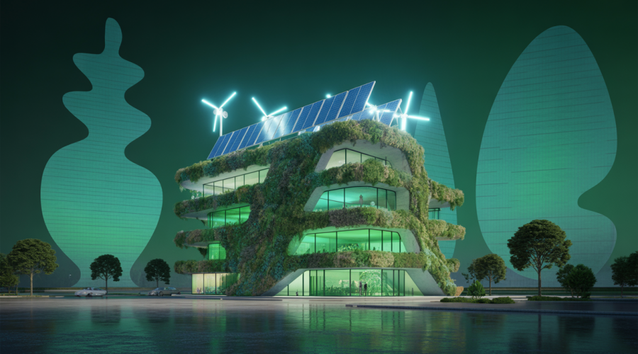 Illustration d'un bâtiment durable et écoénergétique en 2025