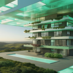 Image d'une architecture résidentielle futuriste intégrant l'innovation, la durabilité et le paysage.