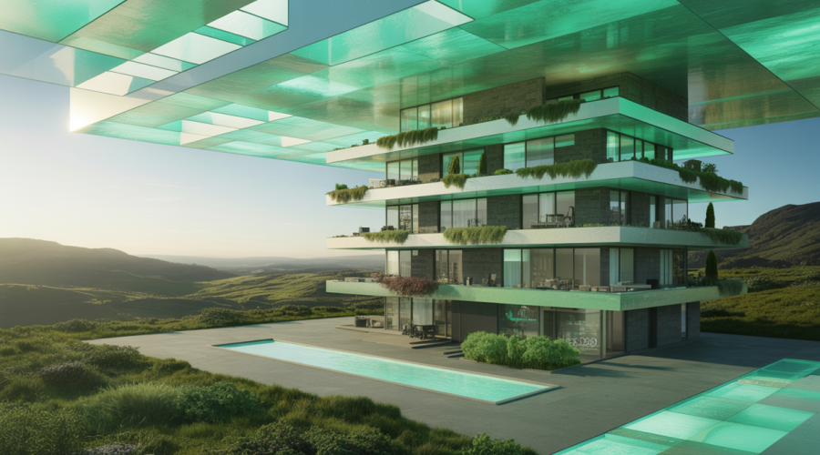 Image d'une architecture résidentielle futuriste intégrant l'innovation, la durabilité et le paysage.