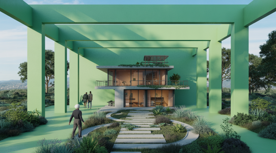 Architecture résidentielle moderne fusionnant traditions et innovations technologiques.