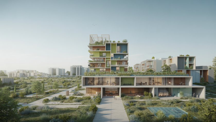 Image représentant l'architecture résidentielle moderne en 2025, intégrant innovation et nature