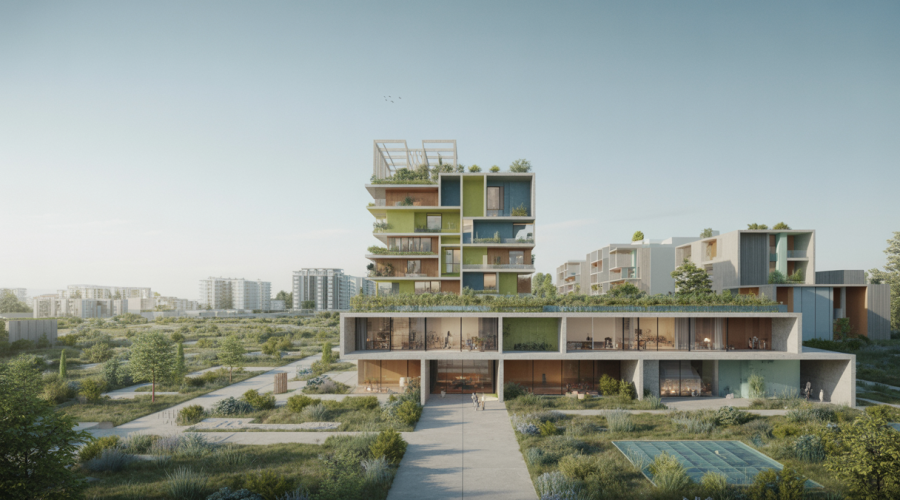 Image représentant l'architecture résidentielle moderne en 2025, intégrant innovation et nature