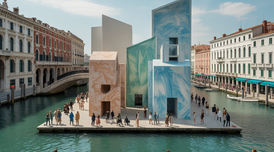 Vue captivante de la Biennale d'Architecture de Venise 2025, montrant des éléments innovants en design.