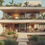 Illustration architecturale de Casa La Paz intégrant maison et jardin.