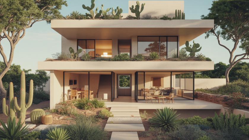 Illustration architecturale de Casa La Paz intégrant maison et jardin.