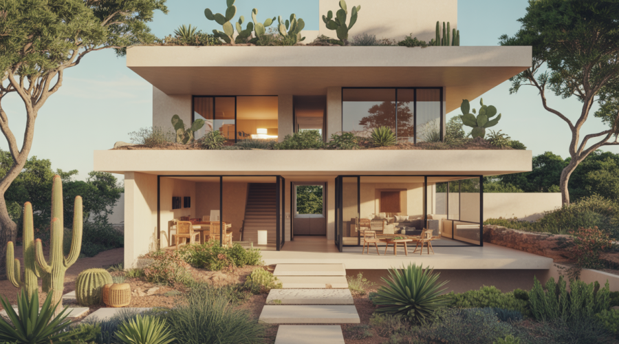 Illustration architecturale de Casa La Paz intégrant maison et jardin.