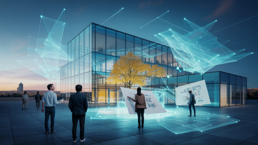 Illustration moderne exprimant l'impact de la communication visuelle sur l'architecture contemporaine.