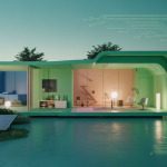 Vue moderne d'une maison intelligente en 2025 avec espaces flexibles.