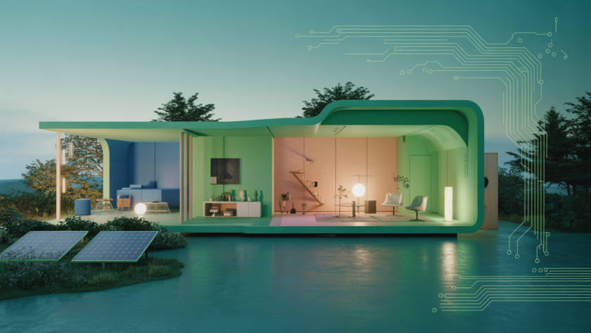Vue moderne d'une maison intelligente en 2025 avec espaces flexibles.