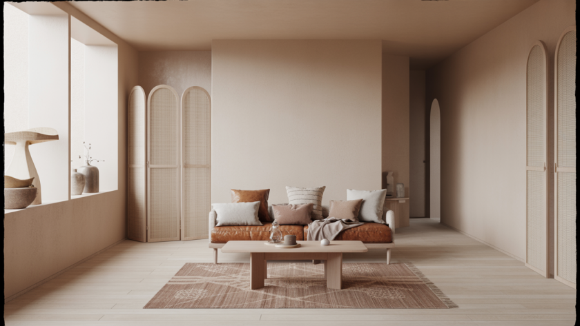 Intérieur minimaliste avec des matériaux nobles et lignes épurées