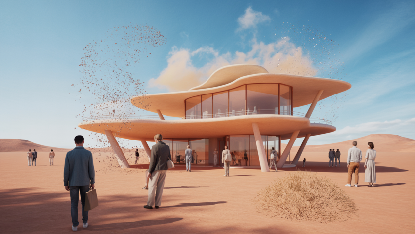 Vue artistique du Pavillon de Bahreïn à la Biennale de Venise 2025, récompensé pour son architecture durable.