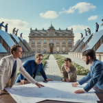 Illustration de bâtiments historiques rénovés avec équilibre entre patrimoine et technologie.