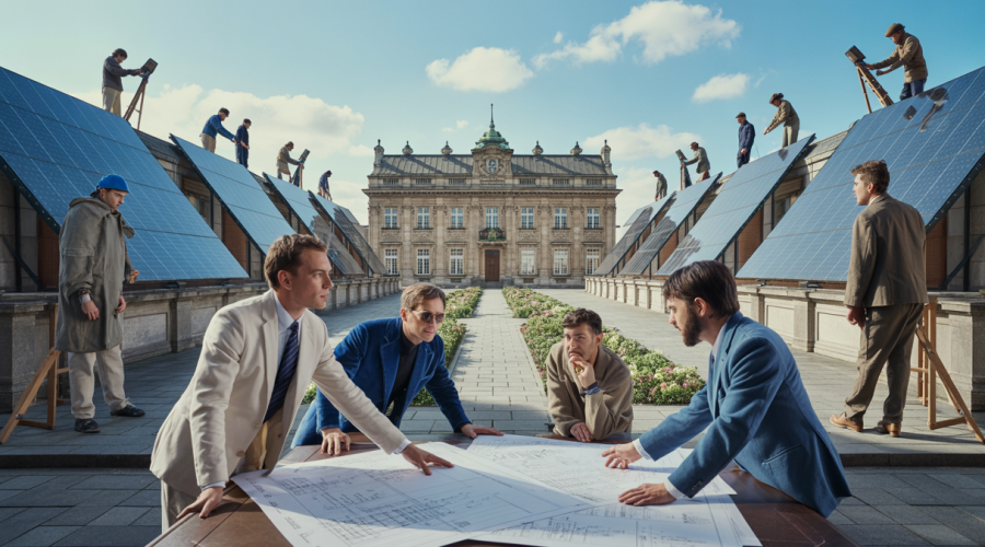 Illustration de bâtiments historiques rénovés avec équilibre entre patrimoine et technologie.