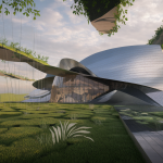 Vue artistique du Sunner Museum alliant design innovant et intégration paysagère.