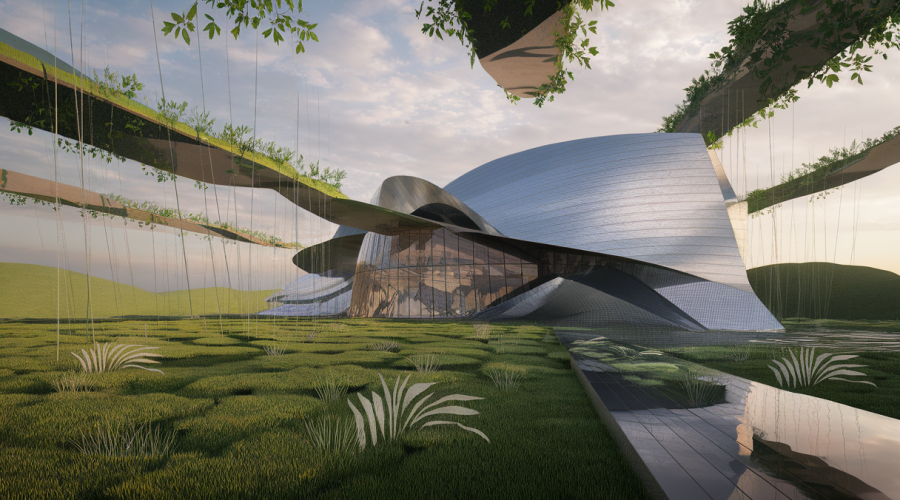 Vue artistique du Sunner Museum alliant design innovant et intégration paysagère.