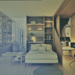 Espace de vie moderne avec meubles modulables et murs mobiles innovants.