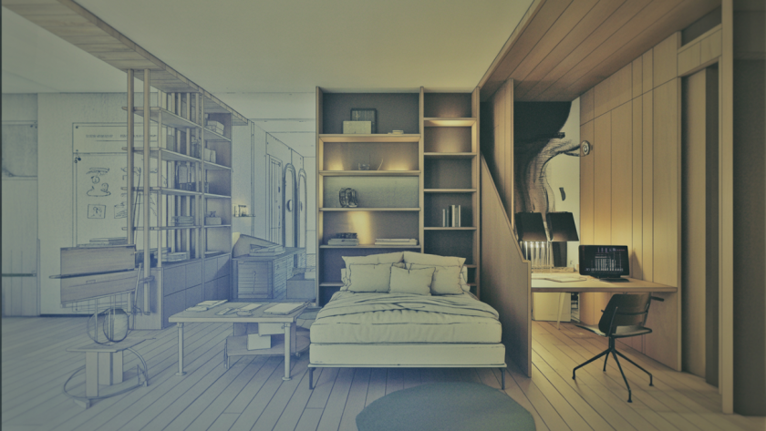 Espace de vie moderne avec meubles modulables et murs mobiles innovants.