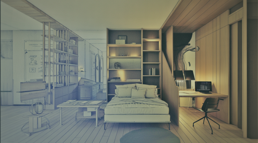 Espace de vie moderne avec meubles modulables et murs mobiles innovants.